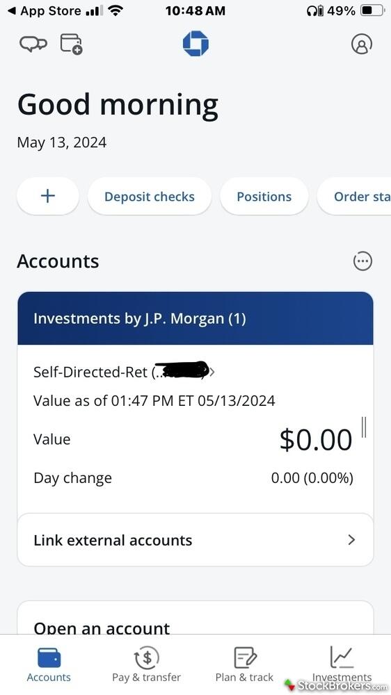 JP Morgan app - self-directed account page JP Morgan app - self-directed account page
